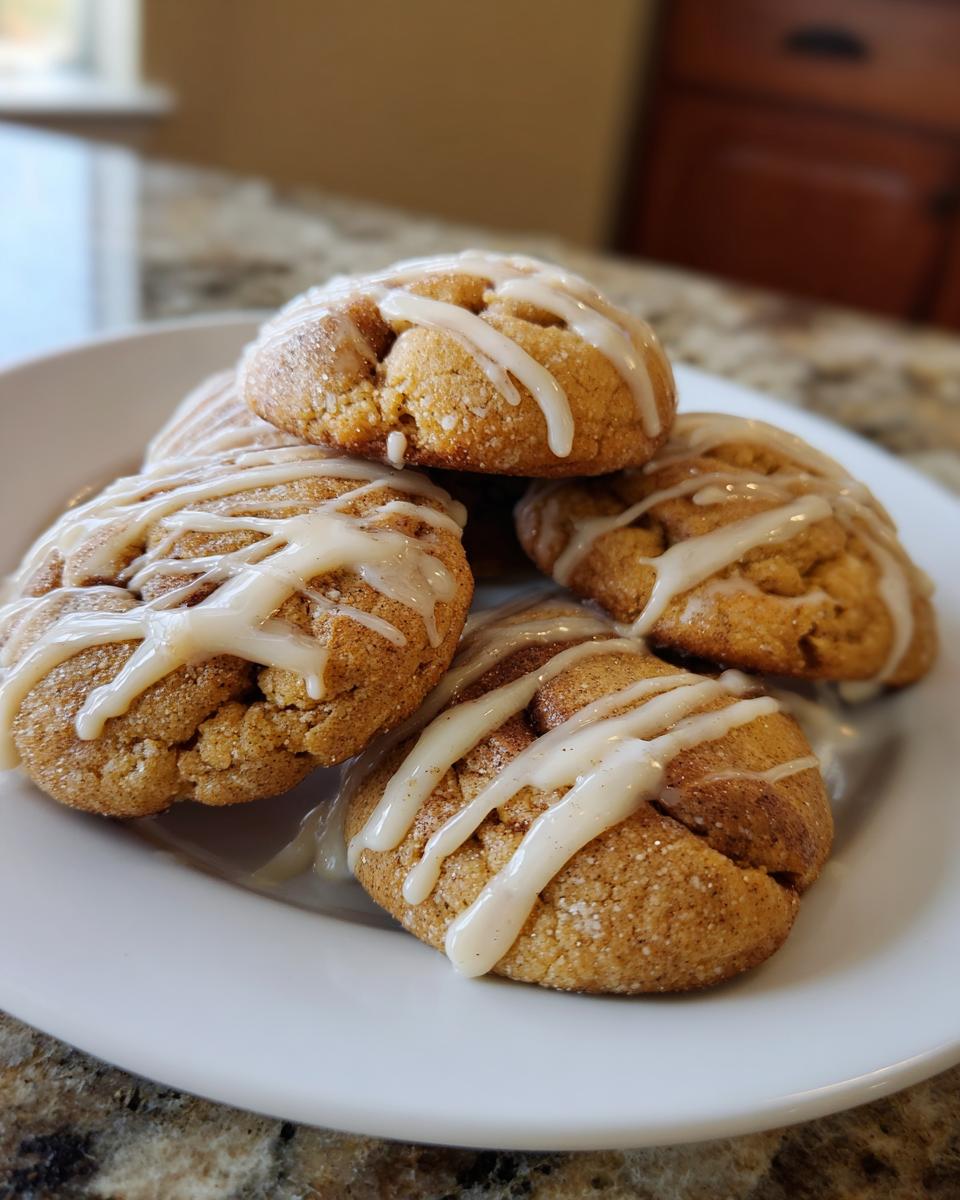 A stack of warm cinnamon bun cookies drizzled with a sweet white glaze on a white plate.