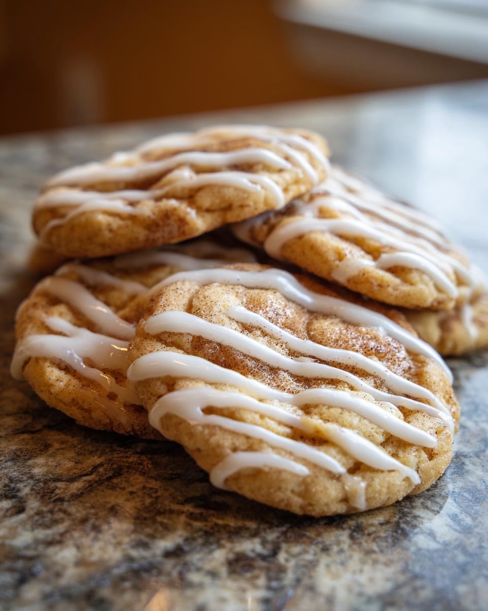 A close-up of several delicious cinnamon bun cookies, drizzled with white glaze and dusted with cinnamon.