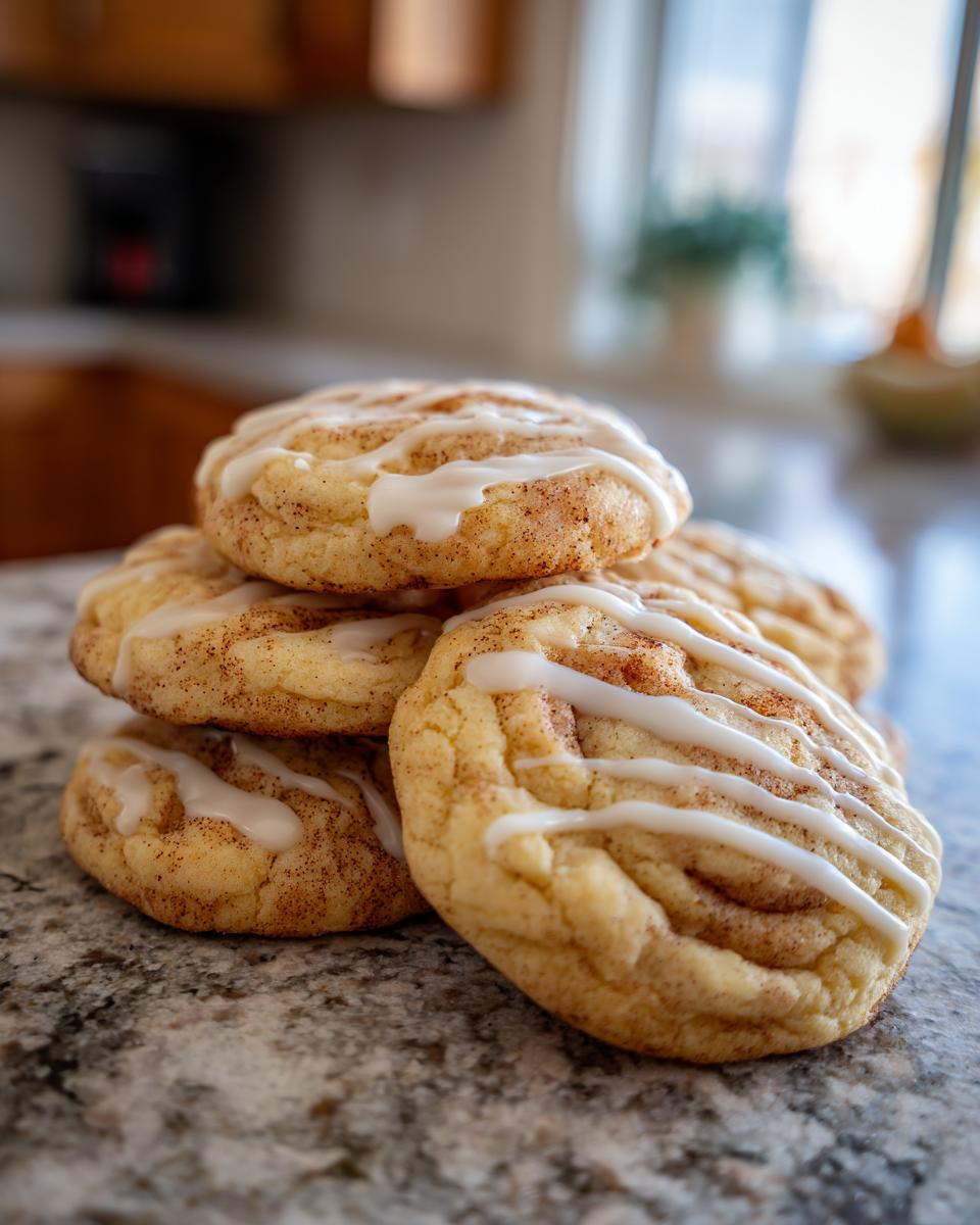 A stack of freshly baked cinnamon bun cookies drizzled with white icing and dusted with cinnamon sugar.