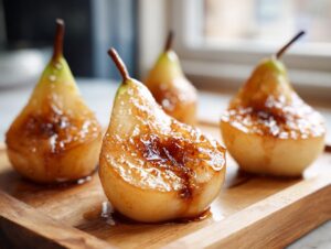 Close-up of four glistening cinnamon maple baked pears on a wooden board, one halved.