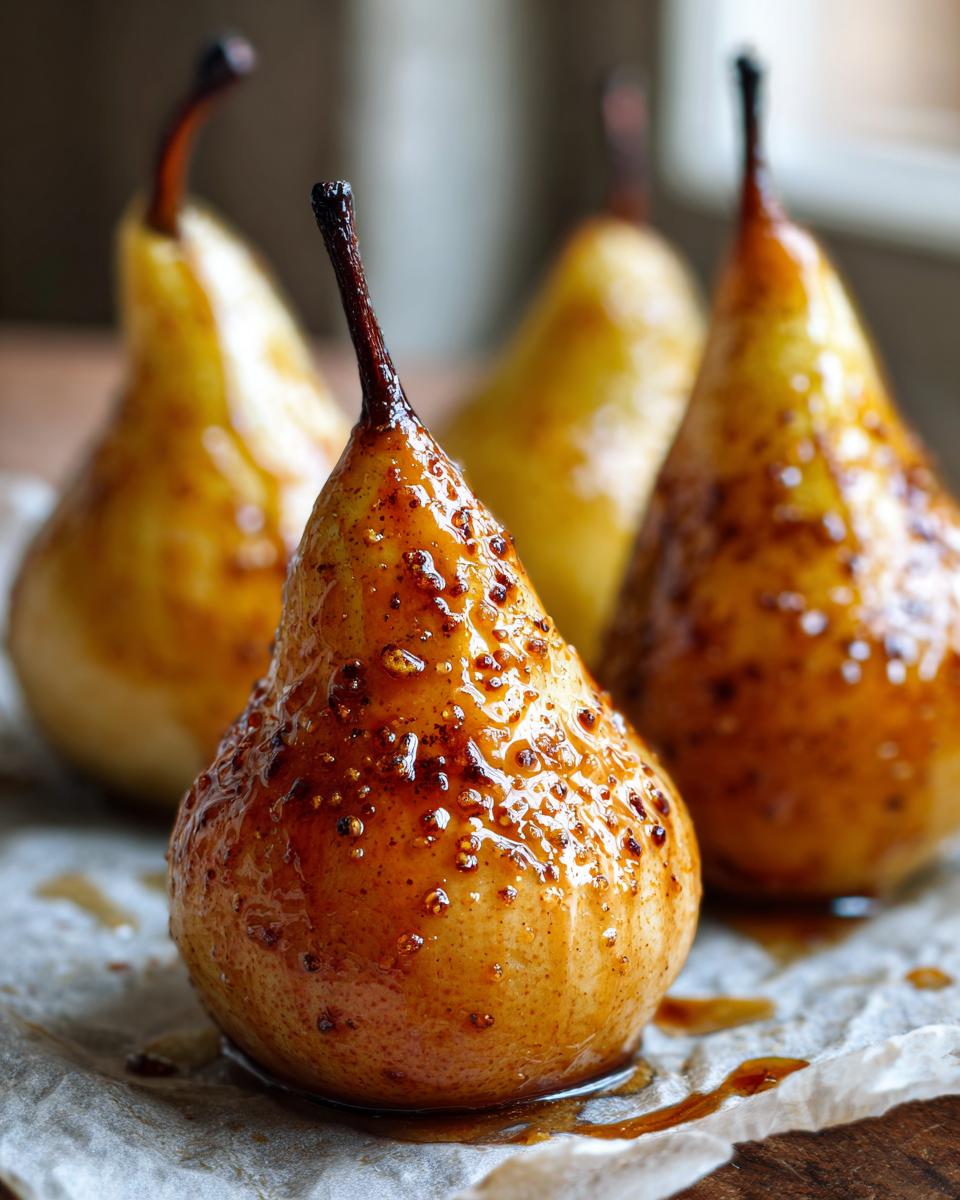 Close-up of glistening Cinnamon Maple Baked Pears, showing caramelized syrup and spices.