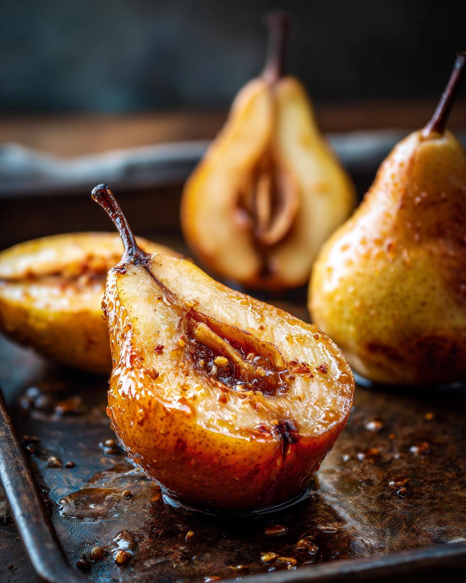 Close-up of a halved cinnamon maple baked pear, glistening with syrup and spices.
