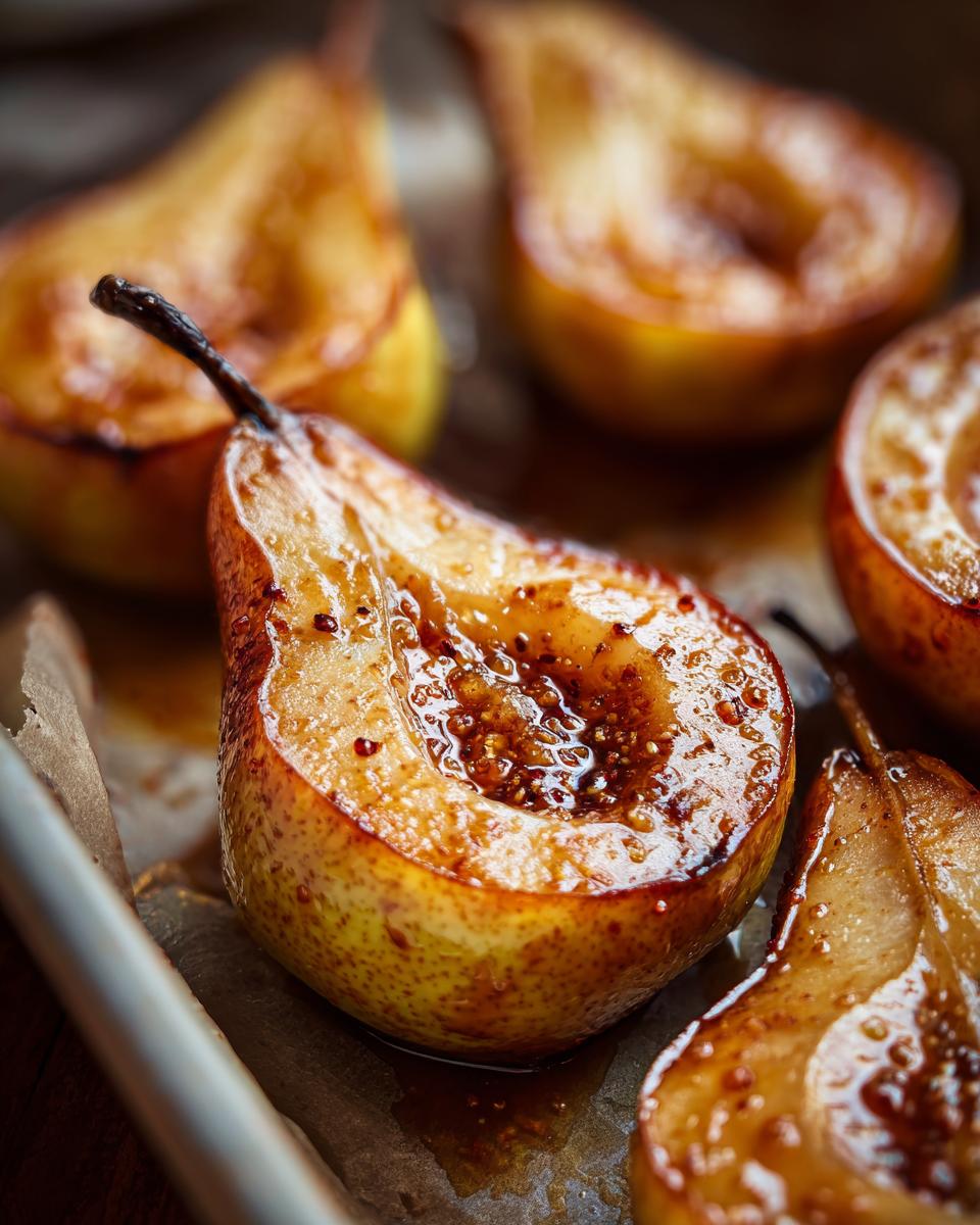 Close-up of halved cinnamon maple baked pears glistening with syrup and spices.