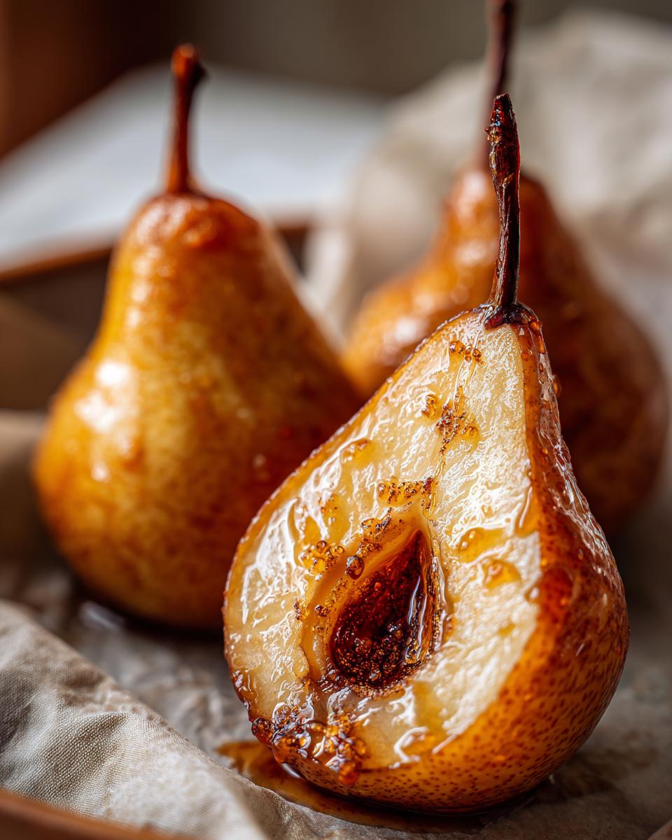 Close-up of a halved cinnamon maple baked pear, glistening with syrup and showing its tender interior.