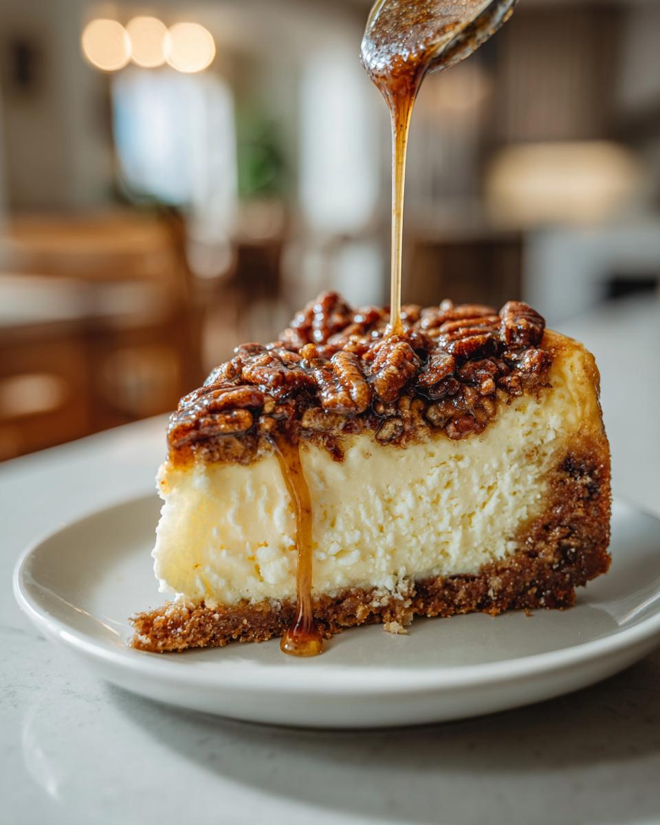 A slice of Cinnamon Pecan Pie Cheesecake with a pecan topping, being drizzled with caramel sauce.