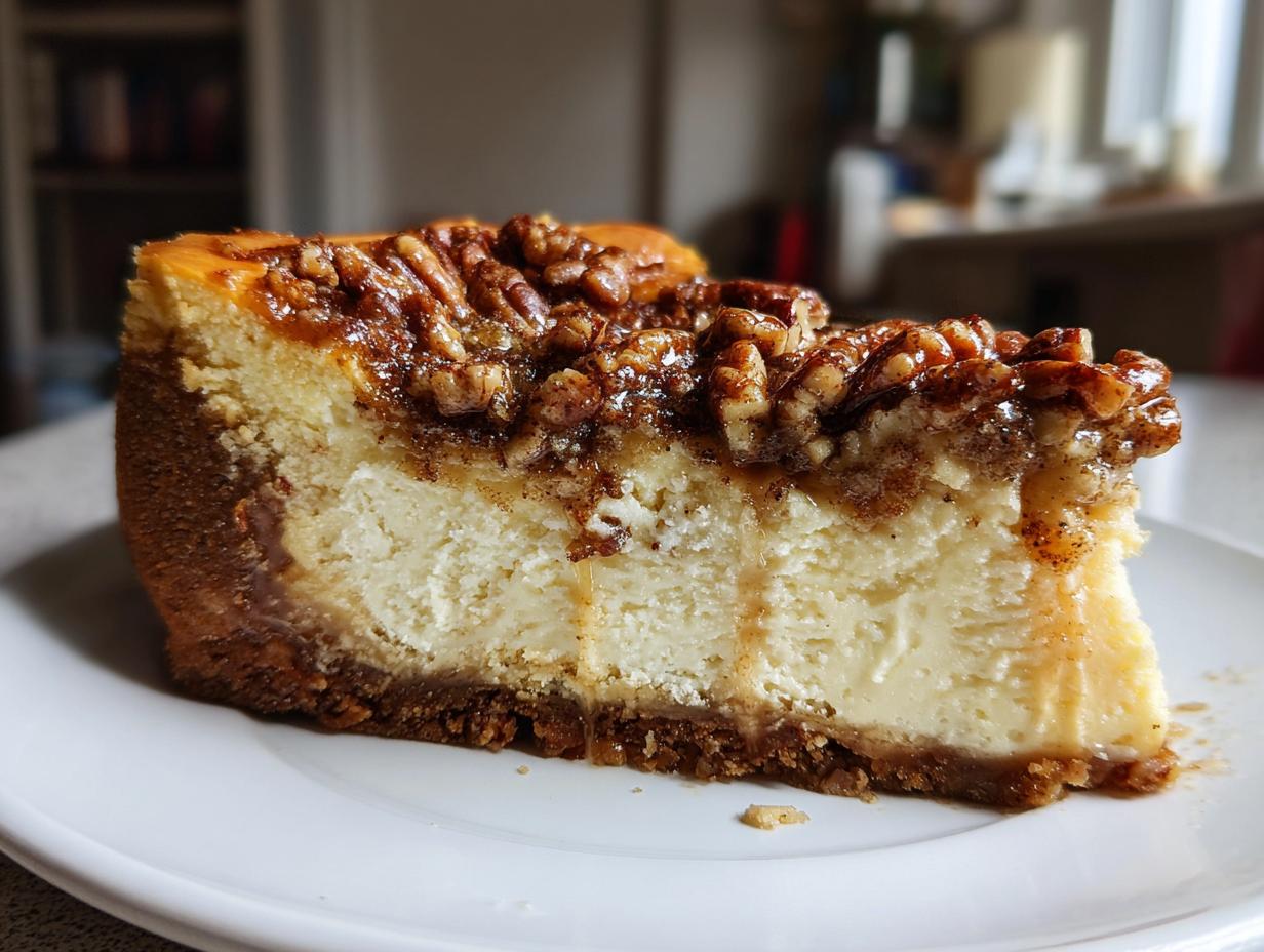 A decadent slice of cinnamon pecan pie cheesecake with a graham cracker crust and pecan topping.