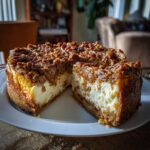 A slice of delicious Cinnamon Pecan Pie Cheesecake on a white plate, showing creamy filling and pecan topping.