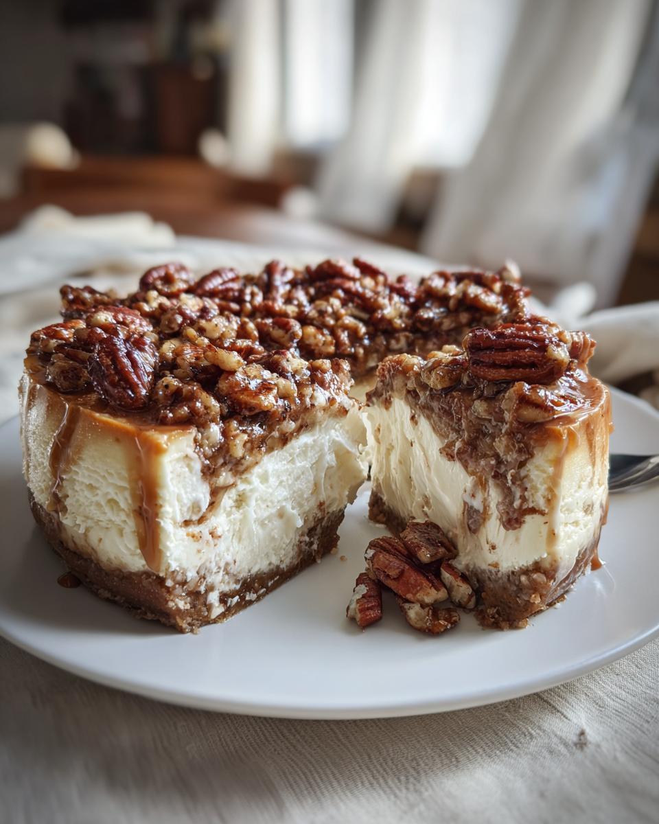 A slice of creamy Cinnamon Pecan Pie Cheesecake topped with candied pecans and drizzled with caramel sauce.