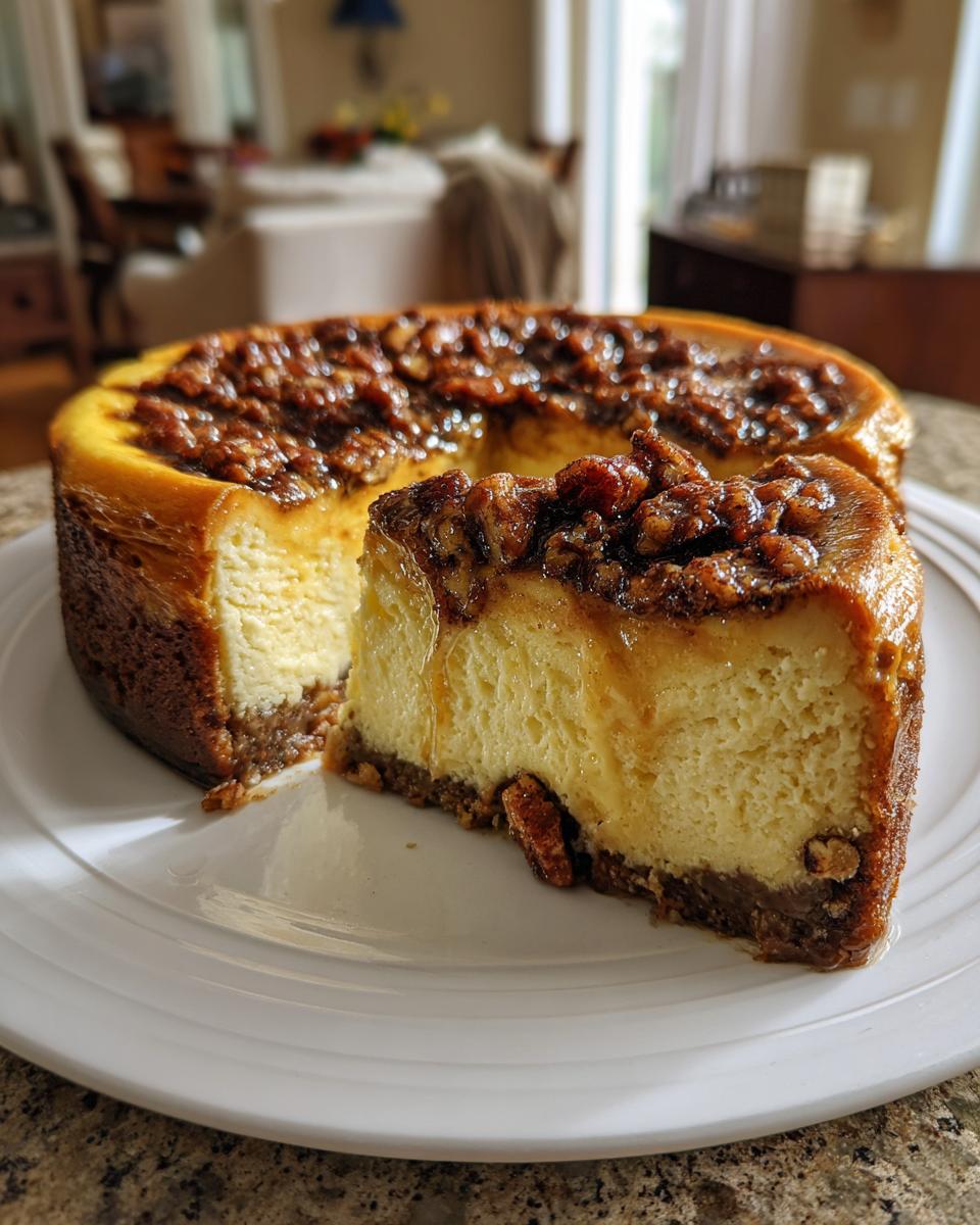A slice of delicious Cinnamon Pecan Pie Cheesecake on a white plate, showing the creamy filling and pecan topping.