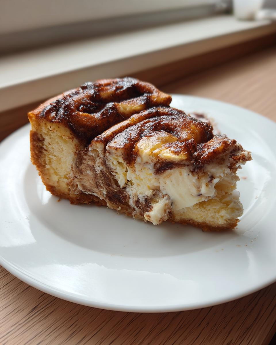 A delicious slice of cinnamon roll cheesecake on a white plate, showcasing the swirled cinnamon and creamy cheesecake filling.