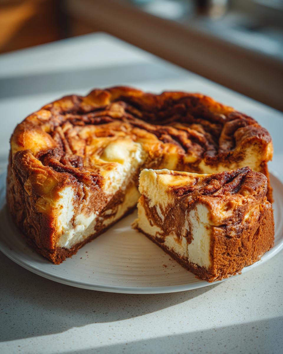 A slice of moist and decadent cinnamon roll cheesecake with a swirled cinnamon filling and graham cracker crust.
