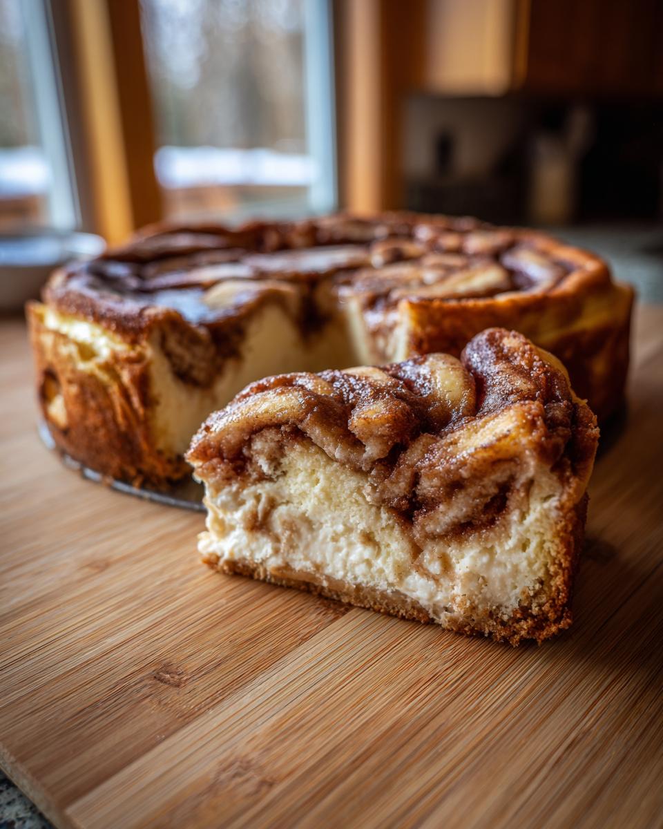 A delicious slice of cinnamon roll cheesecake with a creamy filling and cinnamon swirl topping.