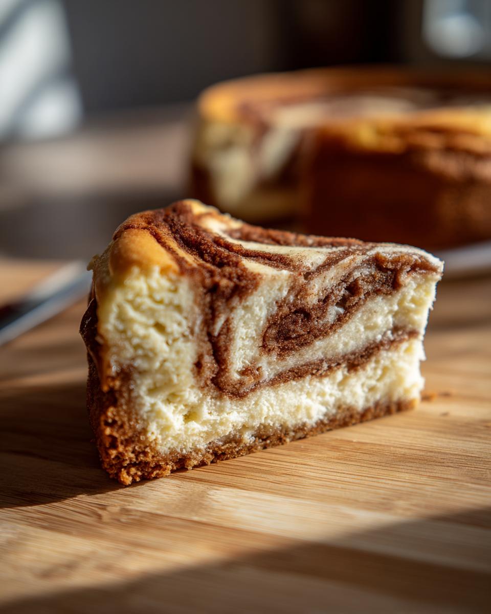 A close-up of a slice of cinnamon roll cheesecake with swirls of cinnamon and cream cheese.