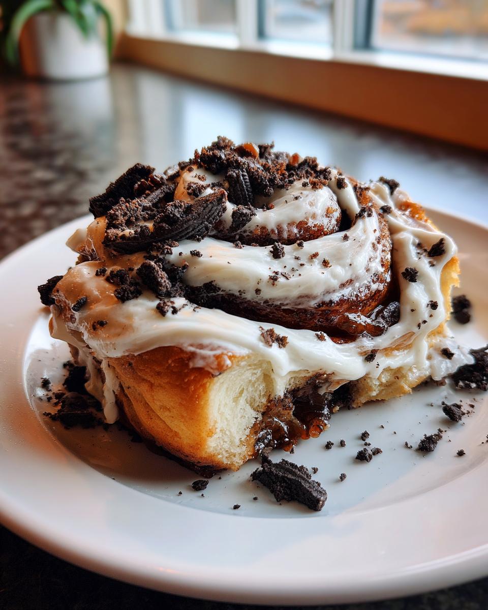 A delicious Cookies and Cream Cinnamon Roll, topped with white icing and crushed cookies, with a bite taken out.