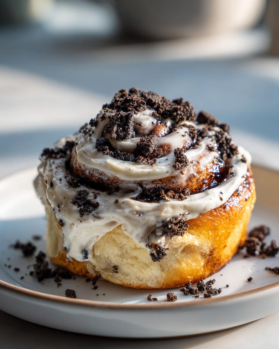 A close-up of a single, fluffy Cookies and Cream Cinnamon Roll topped with white icing and crushed Oreo cookies.