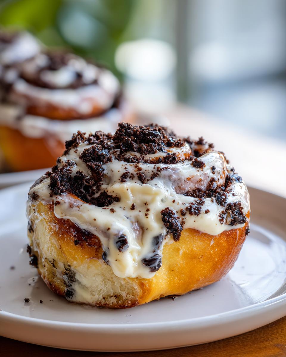 Close-up of a soft, fluffy Cookies and Cream Cinnamon Roll topped with cream cheese frosting and crushed cookies.