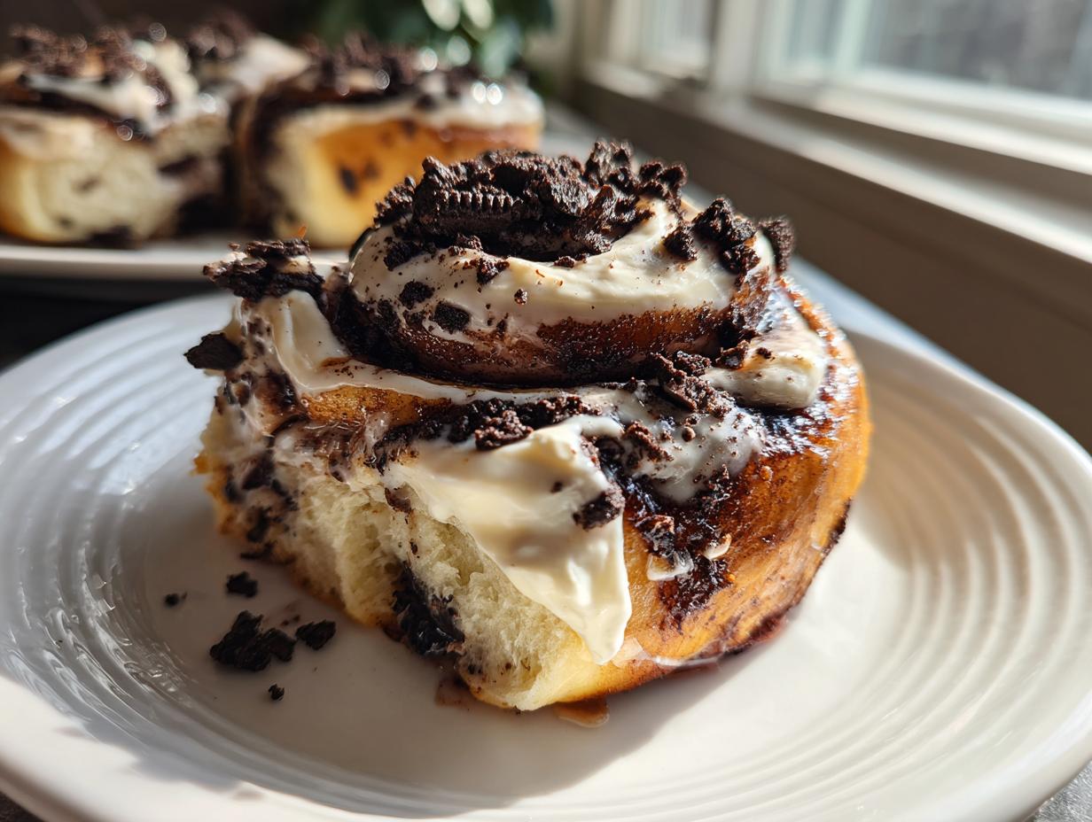 Close-up of a soft, frosted Cookies and Cream Cinnamon Roll topped with crushed cookies.