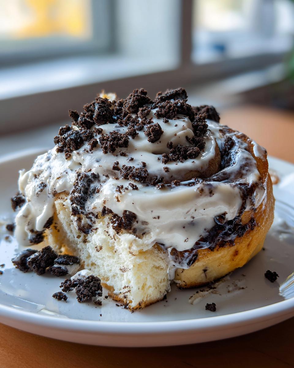 A close-up of a gooey Cookies and Cream Cinnamon Roll topped with cream cheese frosting and crushed Oreos.