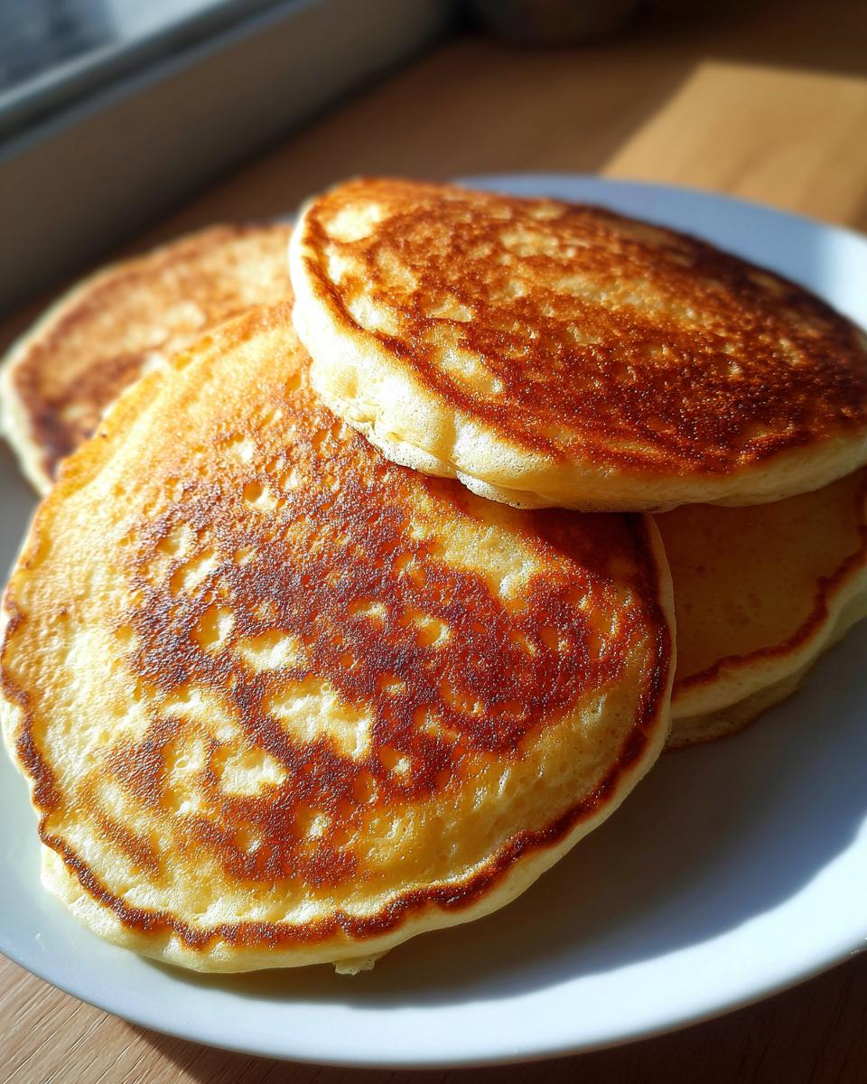 A close-up of a stack of fluffy, golden-brown cottage cheese pancakes on a white plate.