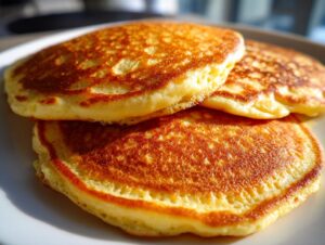 A close-up of a stack of fluffy, golden-brown cottage cheese pancakes on a white plate.