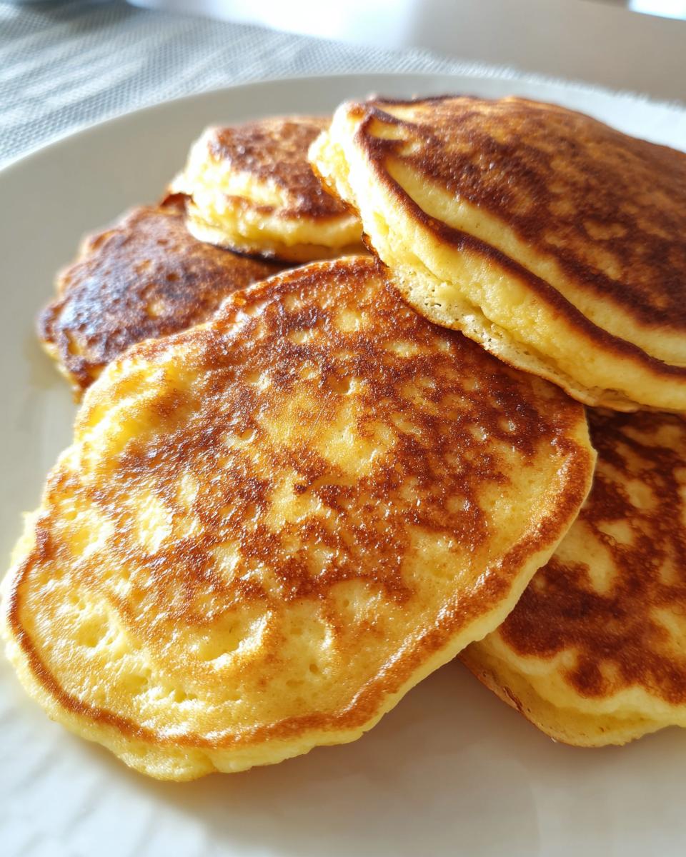 A close-up shot of a stack of fluffy, golden-brown cottage cheese pancakes on a white plate.