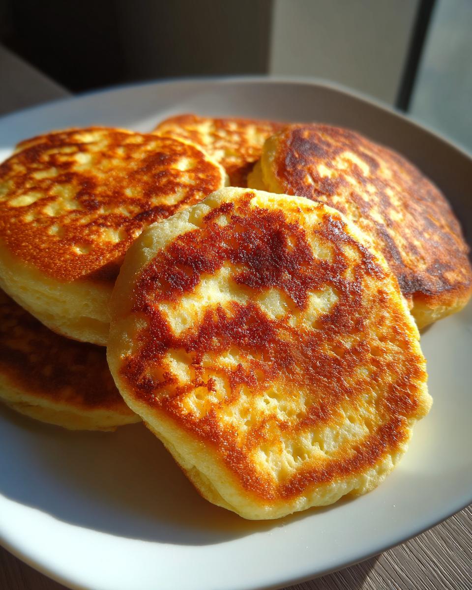 A close-up of a stack of golden-brown cottage cheese pancakes on a white plate, ready to be served.