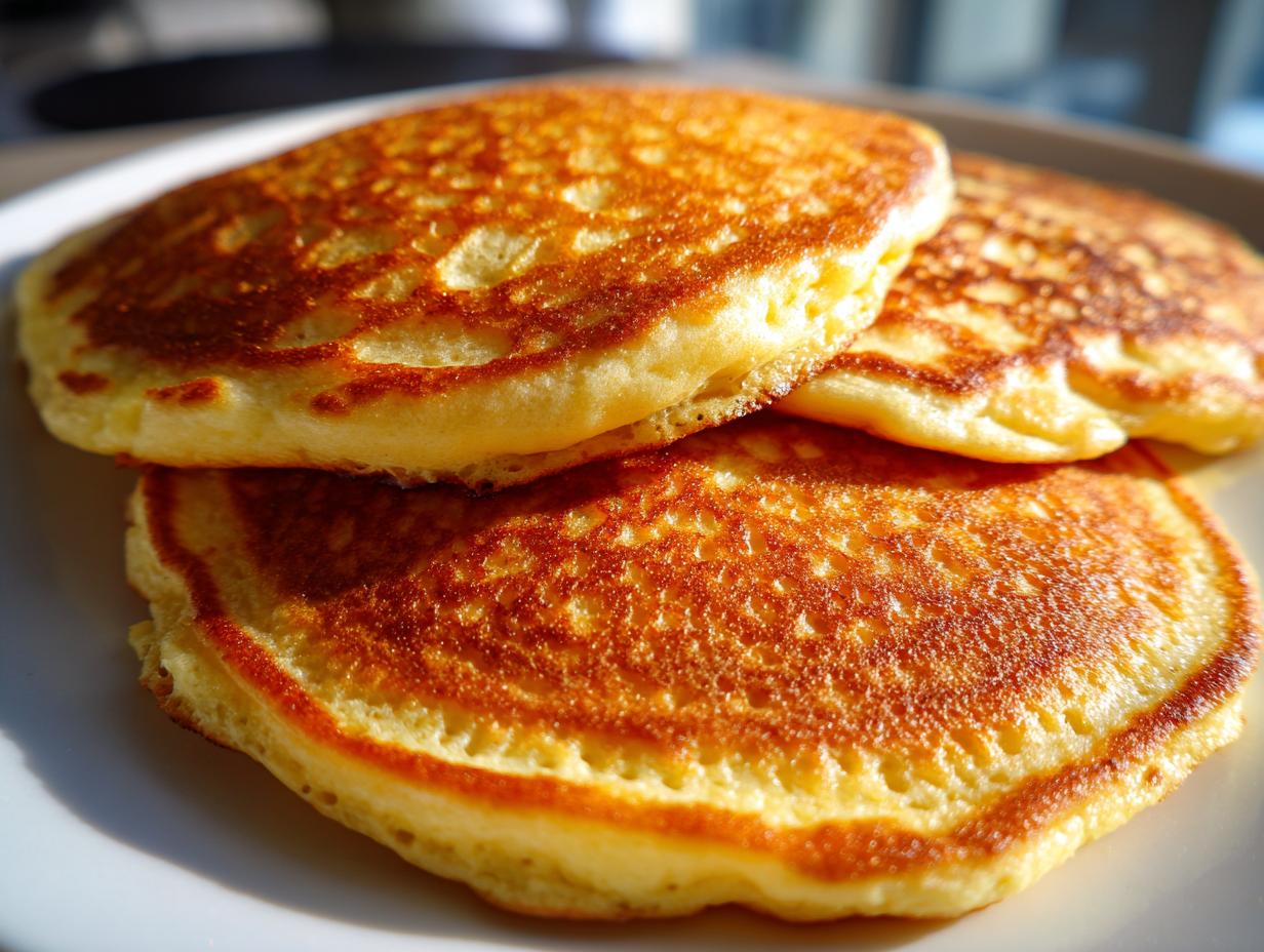 A close-up of a stack of fluffy, golden-brown cottage cheese pancakes on a white plate.