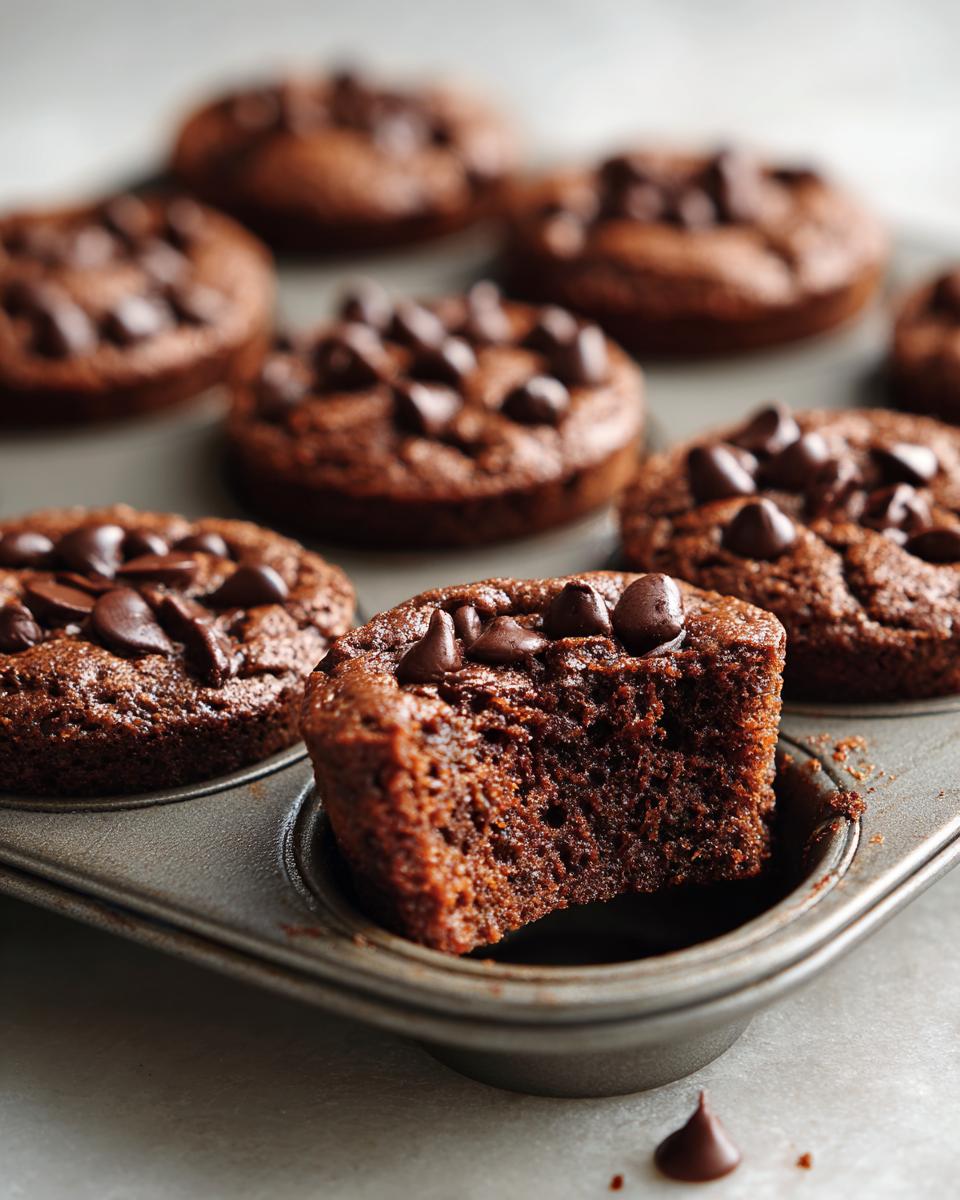 Close-up of fudgy cottage cheese protein brownie bites in a muffin tin, one bite taken out.