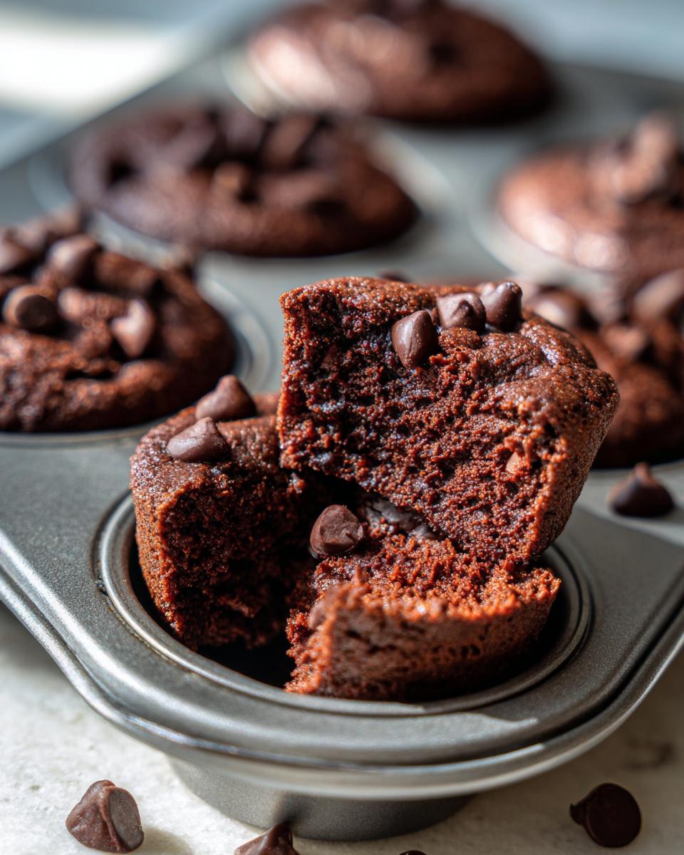 Close-up of fudgy cottage cheese protein brownie bites in a muffin tin, one broken in half to show texture.
