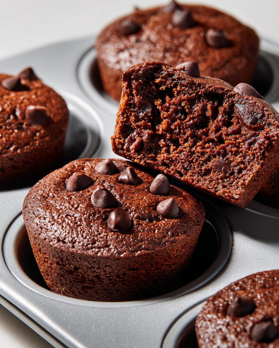 Fudgy Cottage Cheese Protein Brownie Bites topped with chocolate chips, one cut in half to show the moist interior.