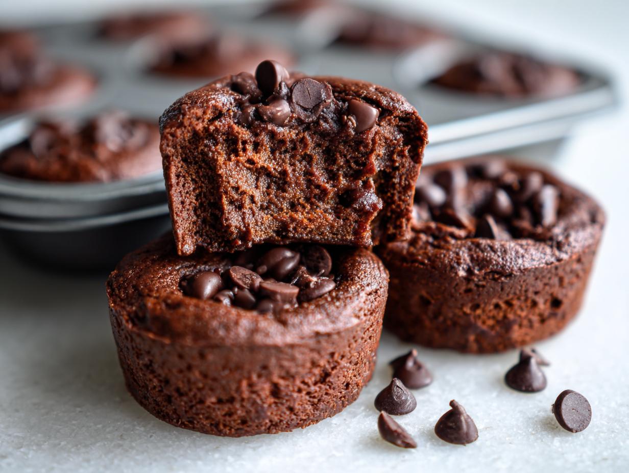 Close-up of fudgy cottage cheese protein brownie bites, one broken in half to show texture, topped with chocolate chips.