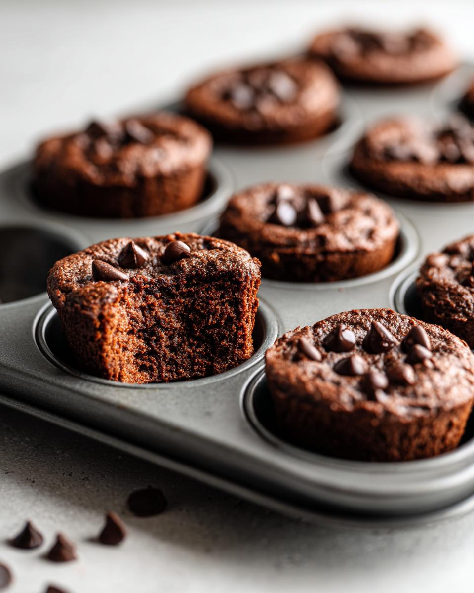 Close-up of fudgy cottage cheese protein brownie bites in a muffin tin, one with a bite taken out.