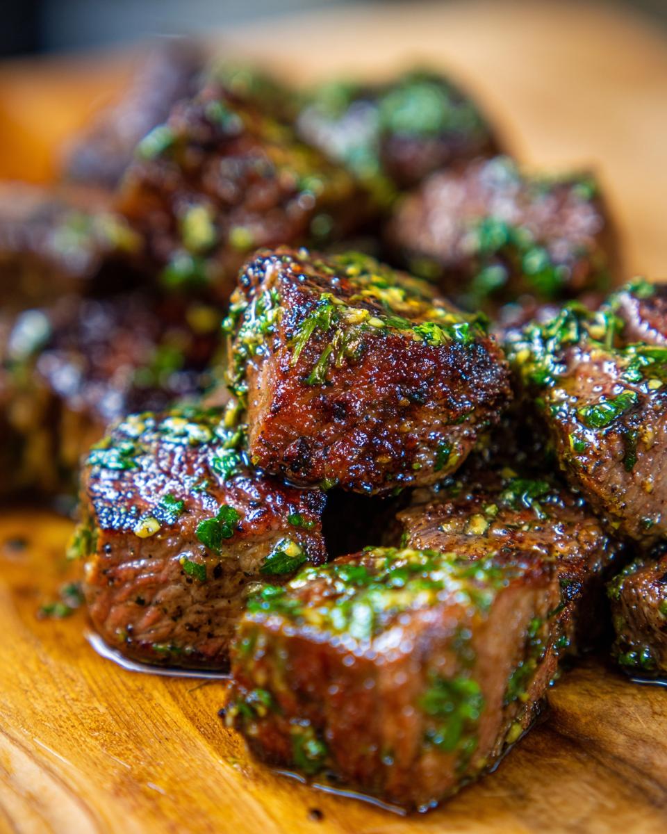 A close-up, mouthwatering shot of juicy Cowboy Butter Steak Bites seasoned and glistening with herbs.