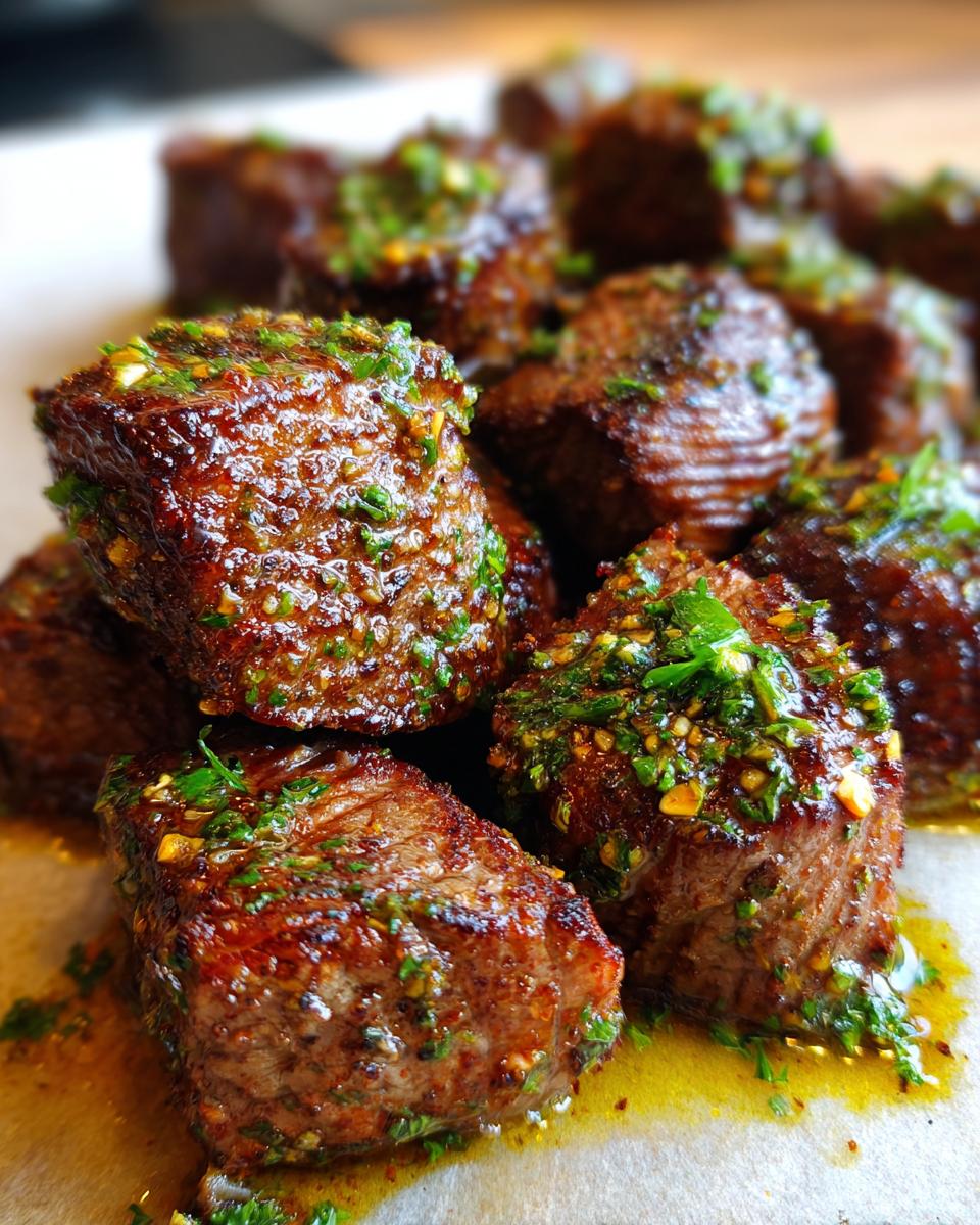Close-up of delicious Cowboy Butter Steak Bites, glistening with sauce and herbs.