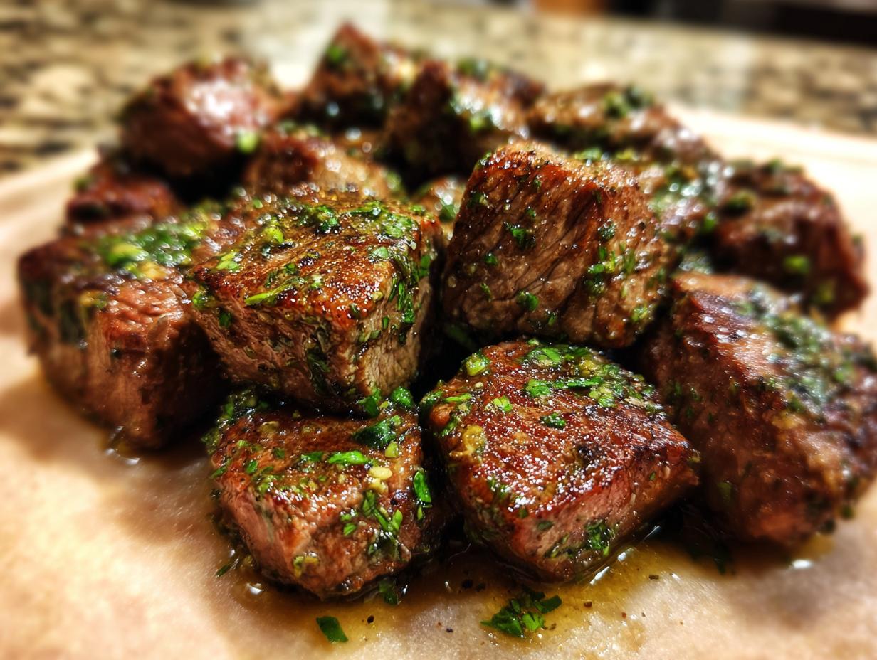 Close-up of perfectly cooked Cowboy Butter Steak Bites, glistening with herb butter.