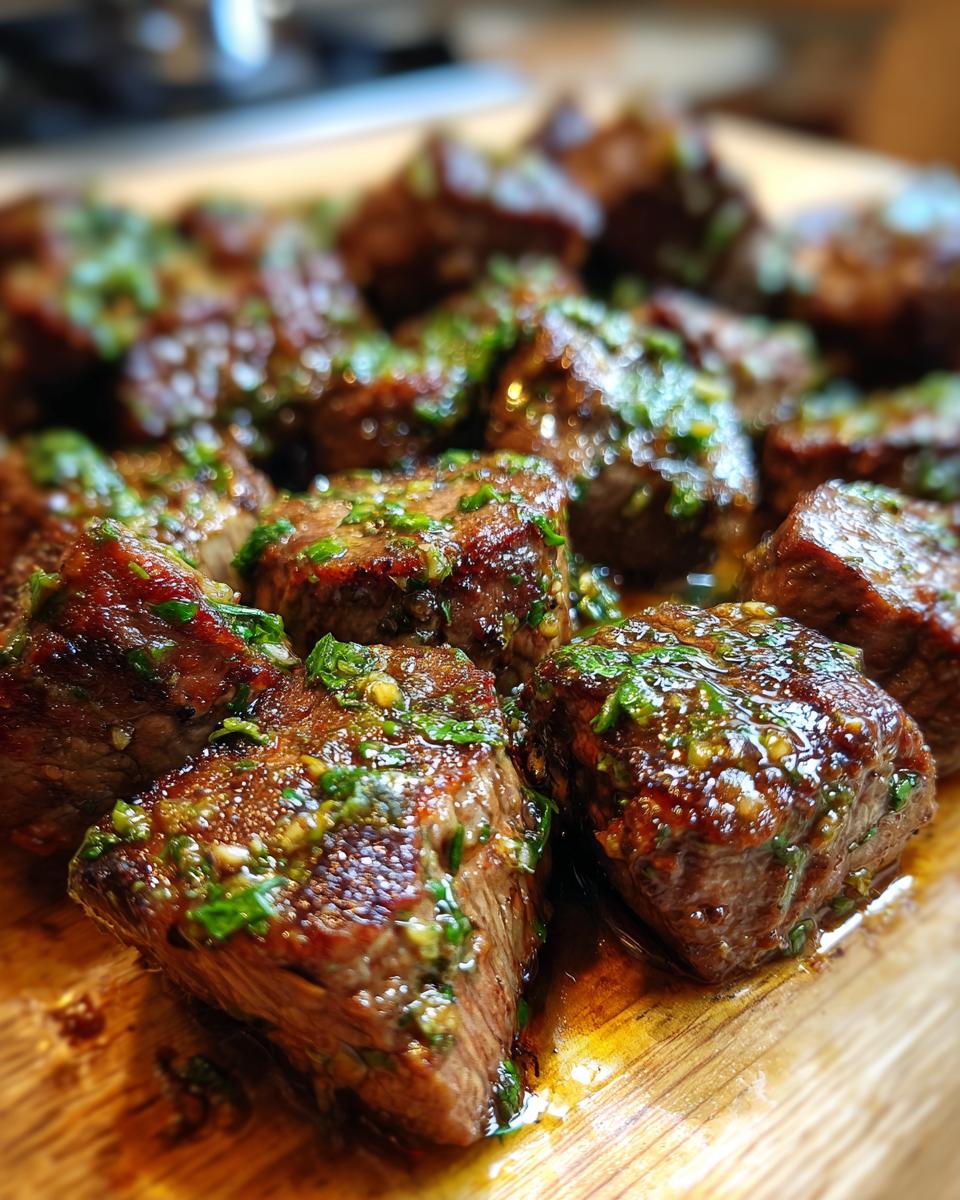 Close-up of delicious cowboy butter steak bites seasoned with herbs and glistening with sauce.