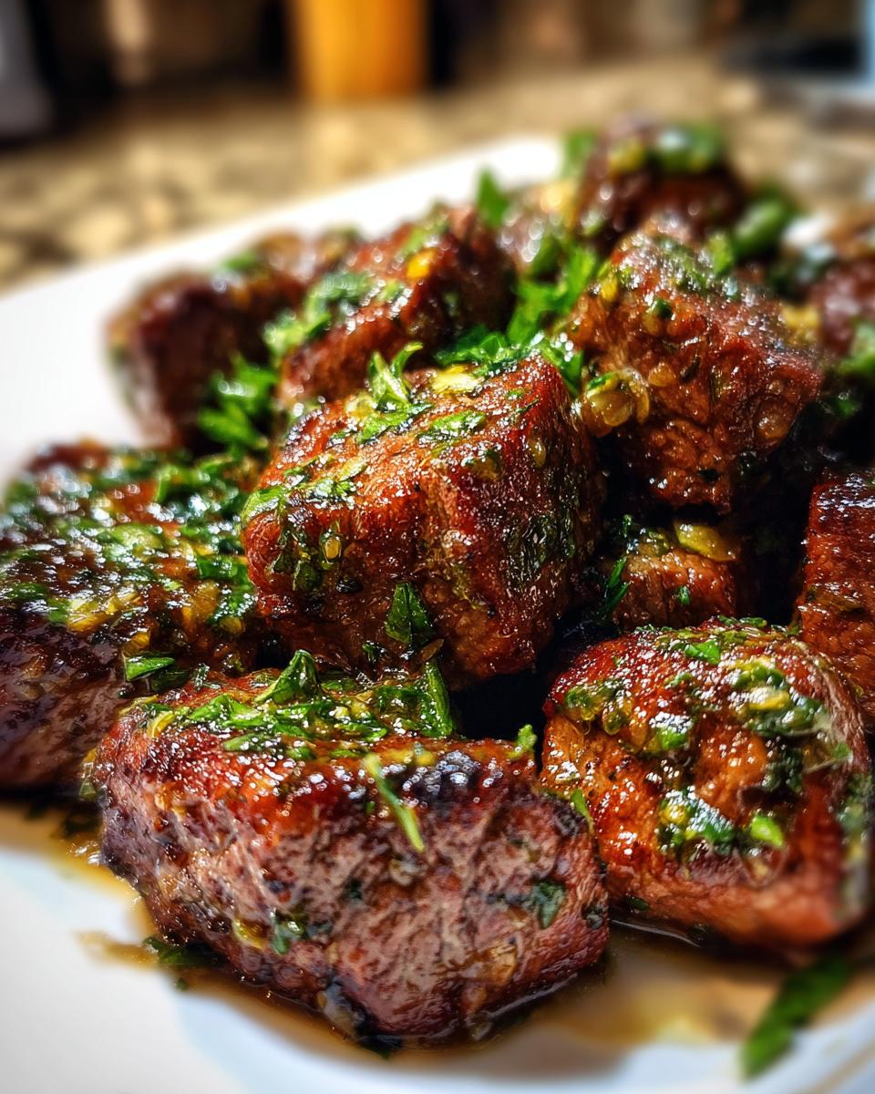 Close-up of juicy Cowboy Butter Steak Bites seasoned with herbs and butter sauce.
