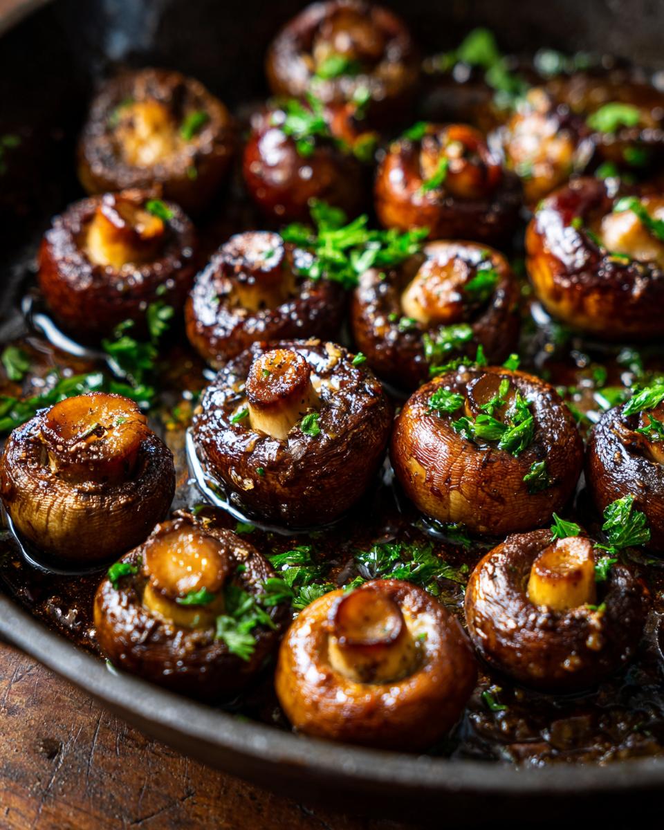 Close-up of glossy, pan-fried cowboy mushrooms in a cast iron skillet, garnished with fresh parsley.