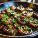 Close-up of glossy cowboy mushrooms cooked in a skillet and garnished with fresh parsley.
