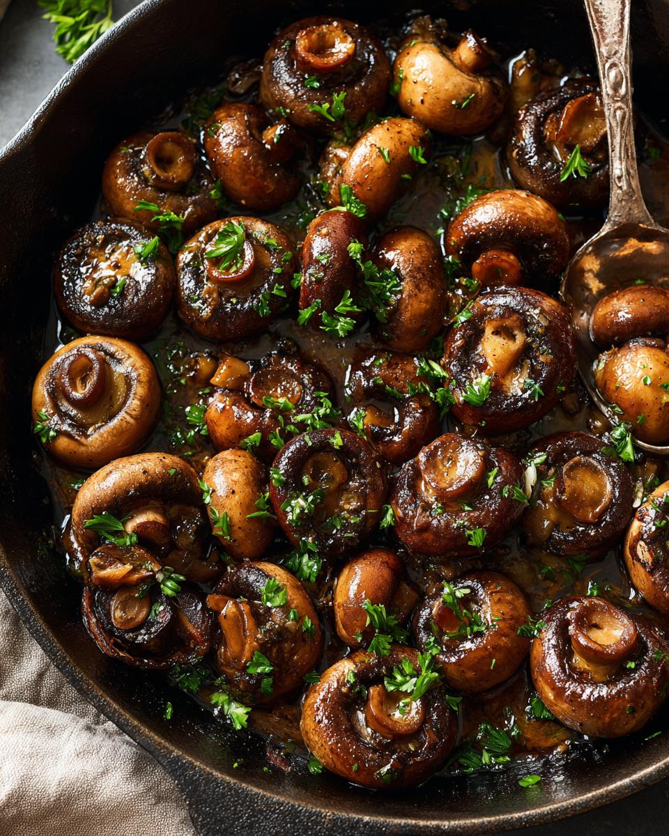 Close-up of glossy, pan-fried cowboy mushrooms in a cast iron skillet, garnished with fresh parsley.