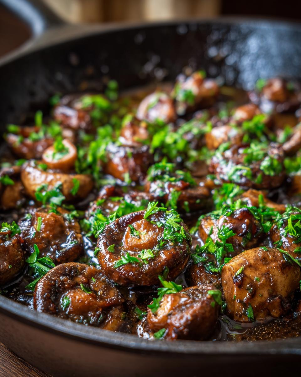 Close-up of savory cowboy mushrooms cooked in a cast-iron skillet with fresh parsley garnish.