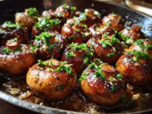 Close-up of glossy, pan-seared cowboy mushrooms topped with fresh parsley in a cast iron skillet.