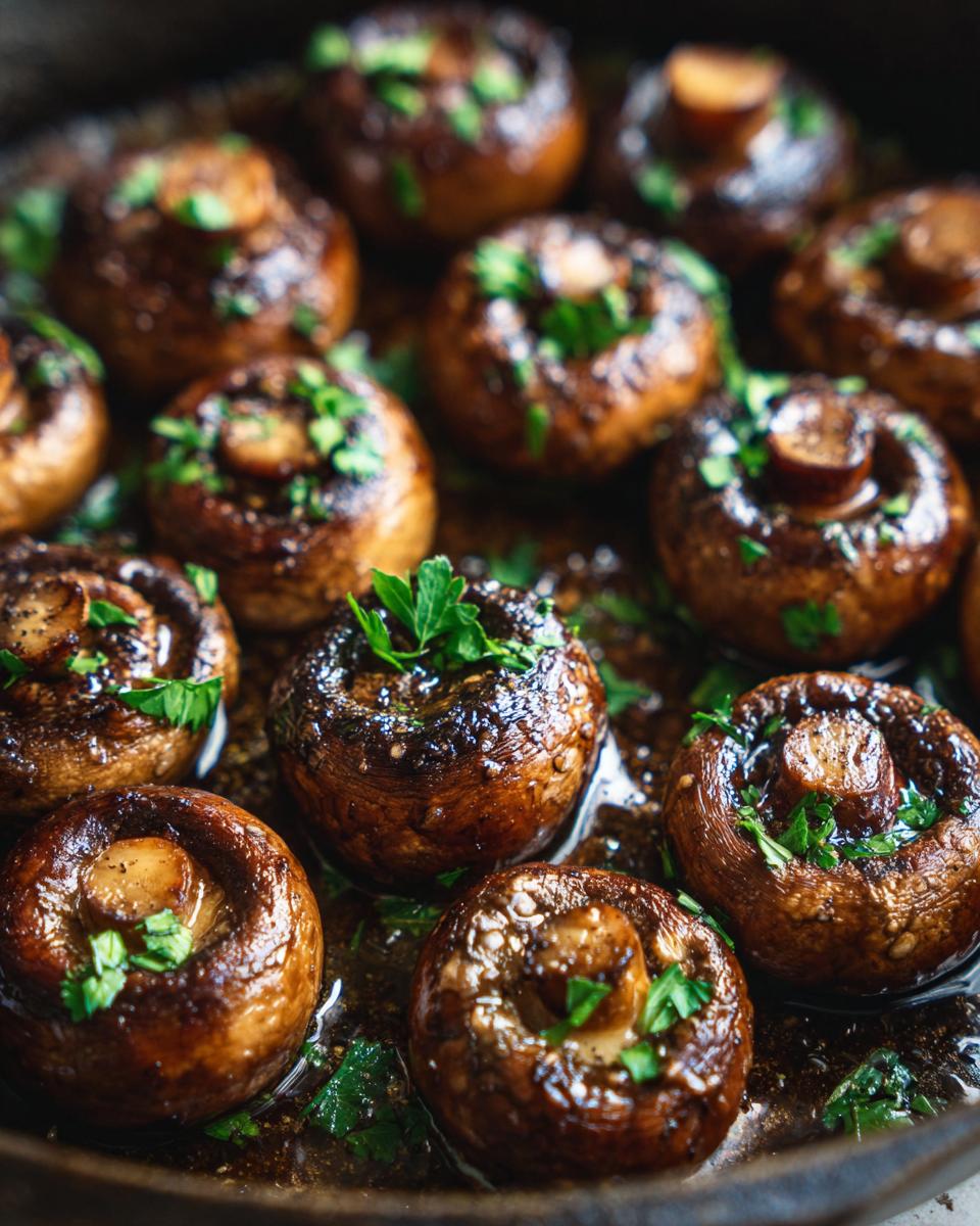 Close-up of savory cowboy mushrooms cooked in a cast-iron skillet with fresh parsley.
