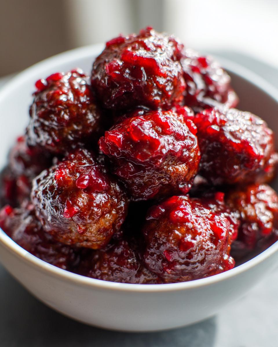Close-up of a bowl filled with glistening cranberry meatballs, coated in a rich, red sauce.