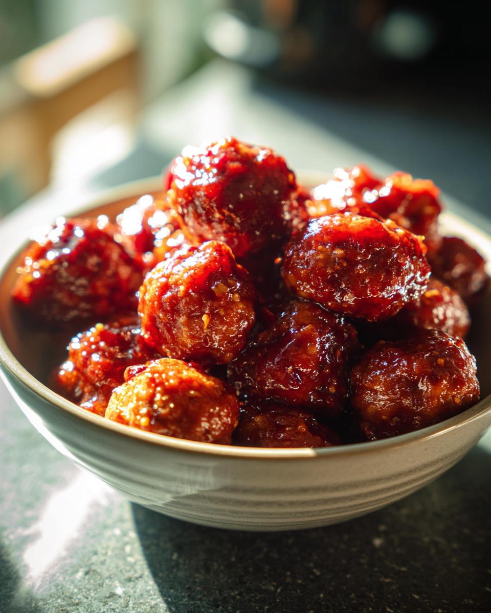 Close-up of a bowl filled with glistening cranberry meatballs, coated in a rich, glossy sauce.