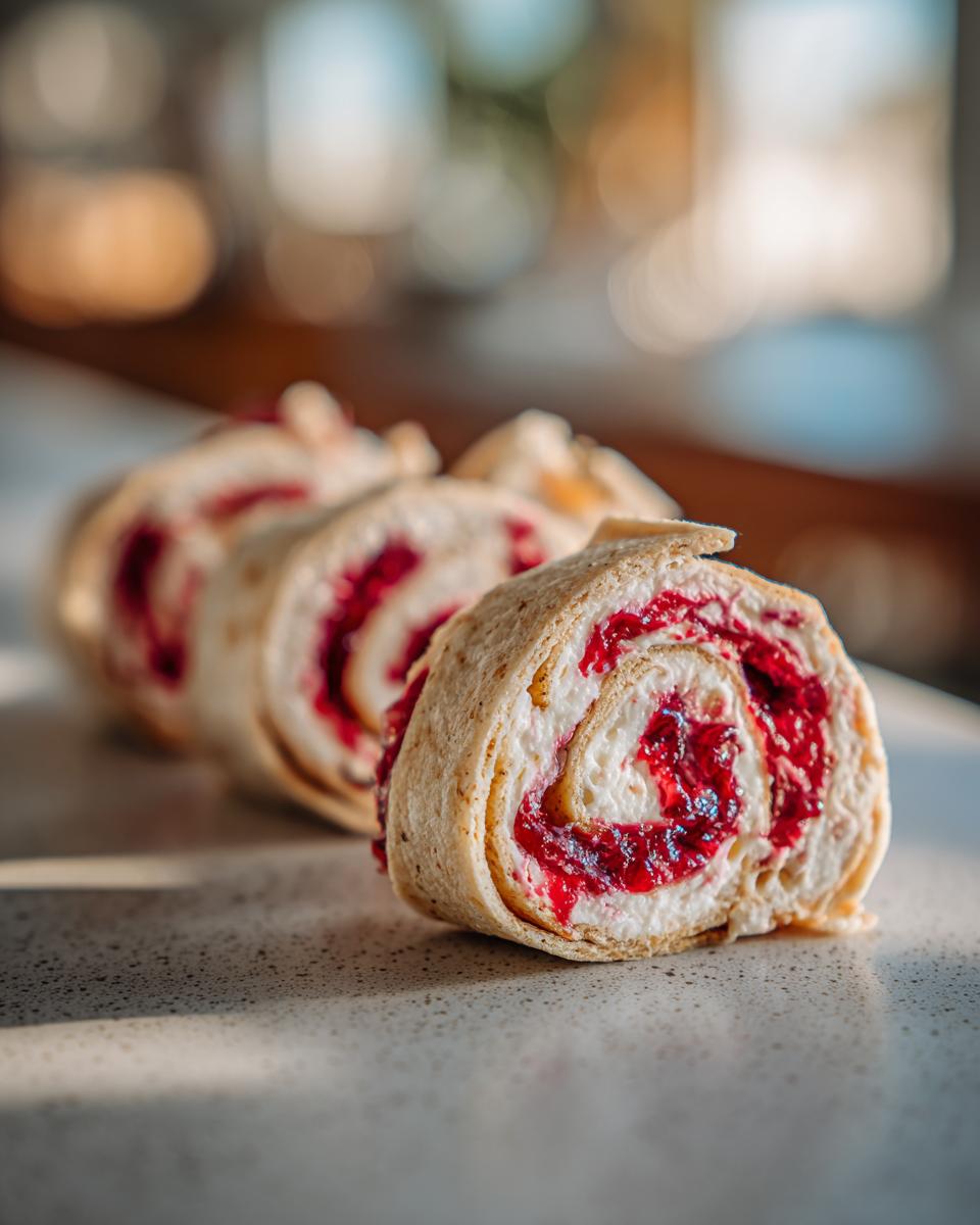 Close-up of cranberry tortilla roll ups, showing the swirl of cream cheese and cranberry filling inside the tortilla.