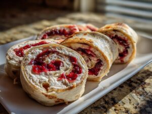 Close-up of festive cranberry tortilla roll ups, showing the creamy filling and bright cranberry swirl.