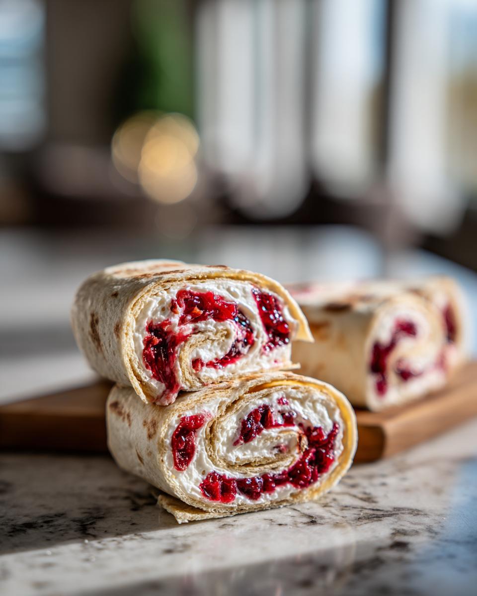 Close-up of festive cranberry tortilla roll ups filled with cream cheese and cranberry sauce.