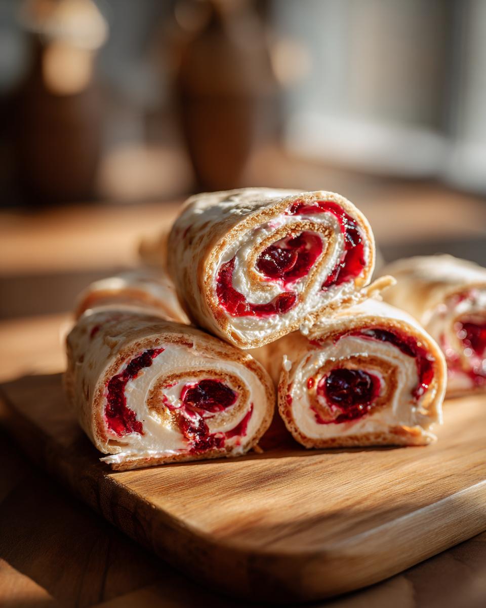 A stack of festive cranberry tortilla roll ups filled with cream cheese and cranberry filling.