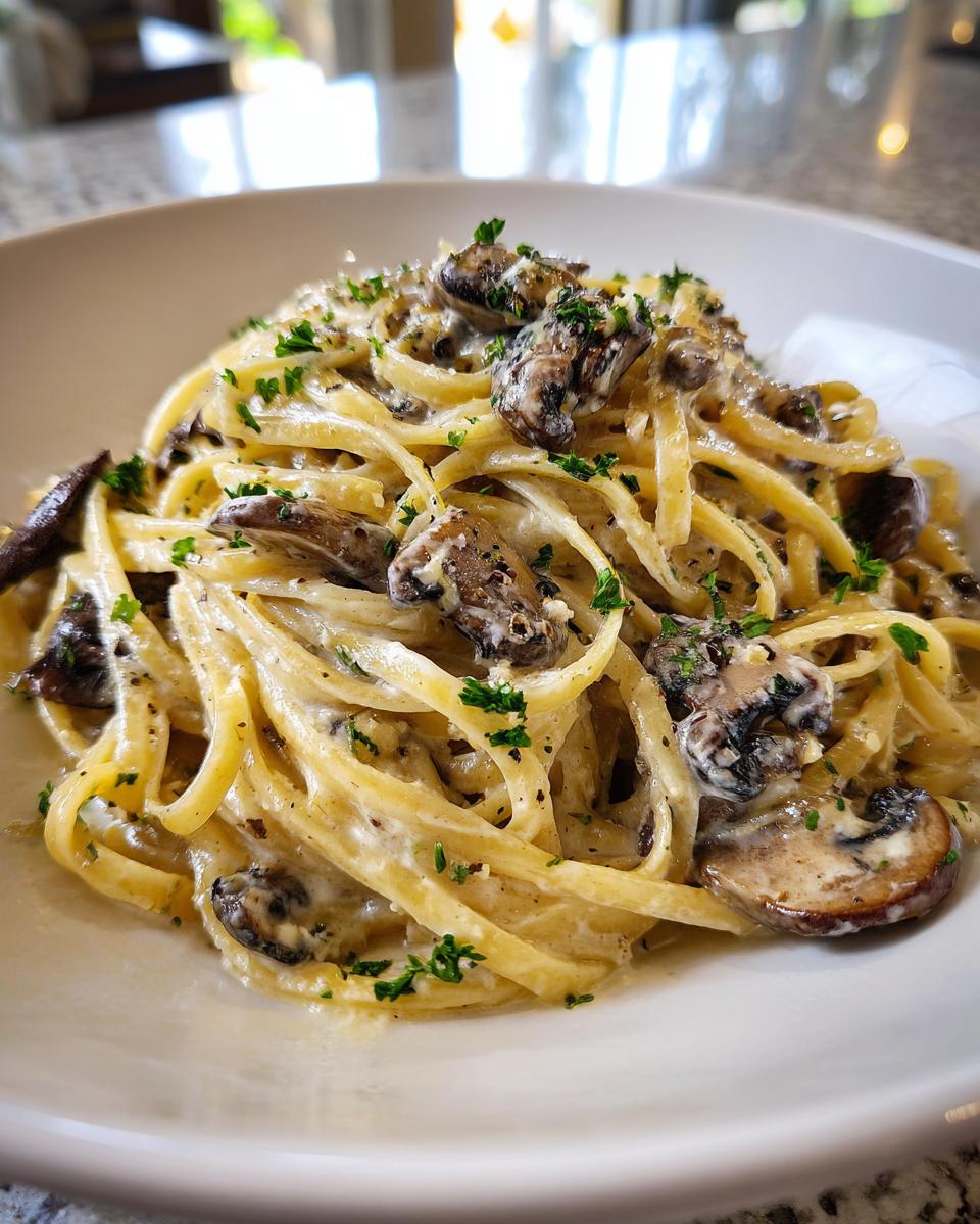 A close-up of creamy fettuccine mushroom pasta topped with sautéed mushrooms and fresh parsley.